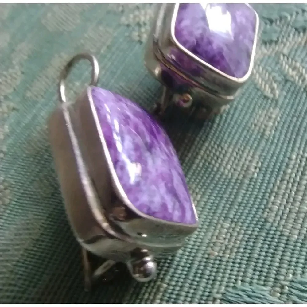Siberian Natural Charoite Mineral & 925 Sterling Silver Artisan Signed Earrings